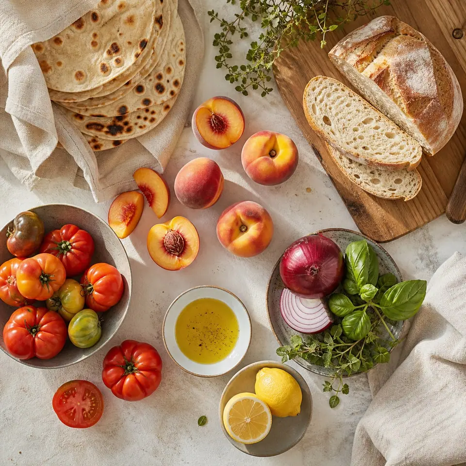 Flatbreads bread peaches tomatoes lemon onion olive oil and herbs for panzanella