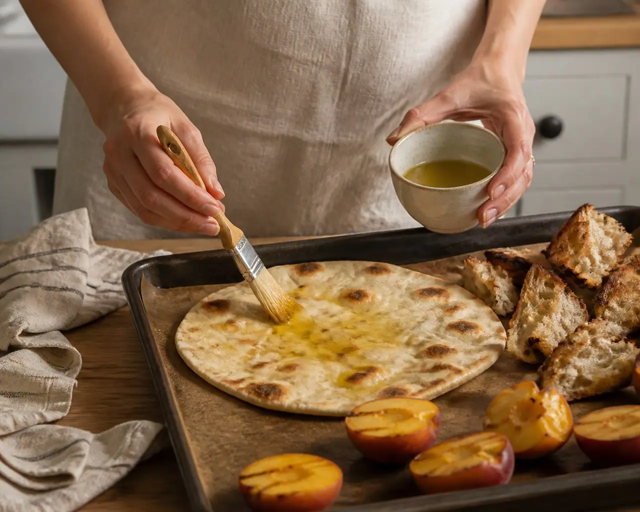 Hands brushing flatbread with olive oil beside toasted bread and summer fruit