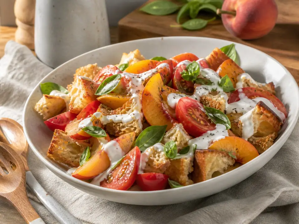 Peach and tomato panzanella with creamy yogurt dressing and basil