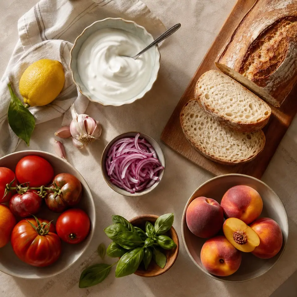Greek yogurt bread peaches tomatoes lemon garlic onion and basil for panzanella