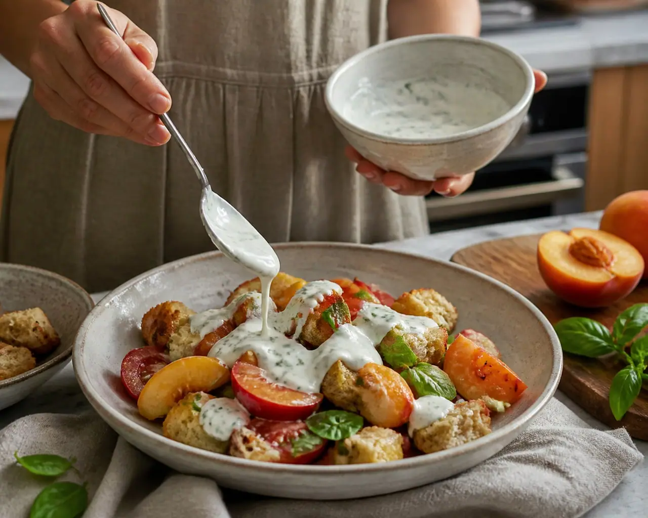 Hands spooning lemony yogurt dressing over peaches tomatoes and toasted bread