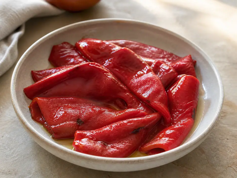 Glossy roasted piquillo peppers in a shallow ceramic dish