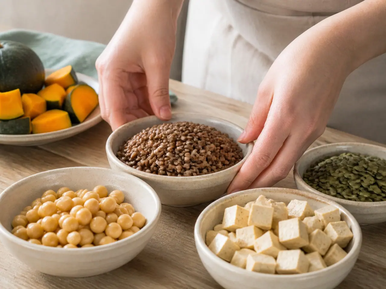 Spoon portioning lentils beside chickpeas tofu and pumpkin seeds