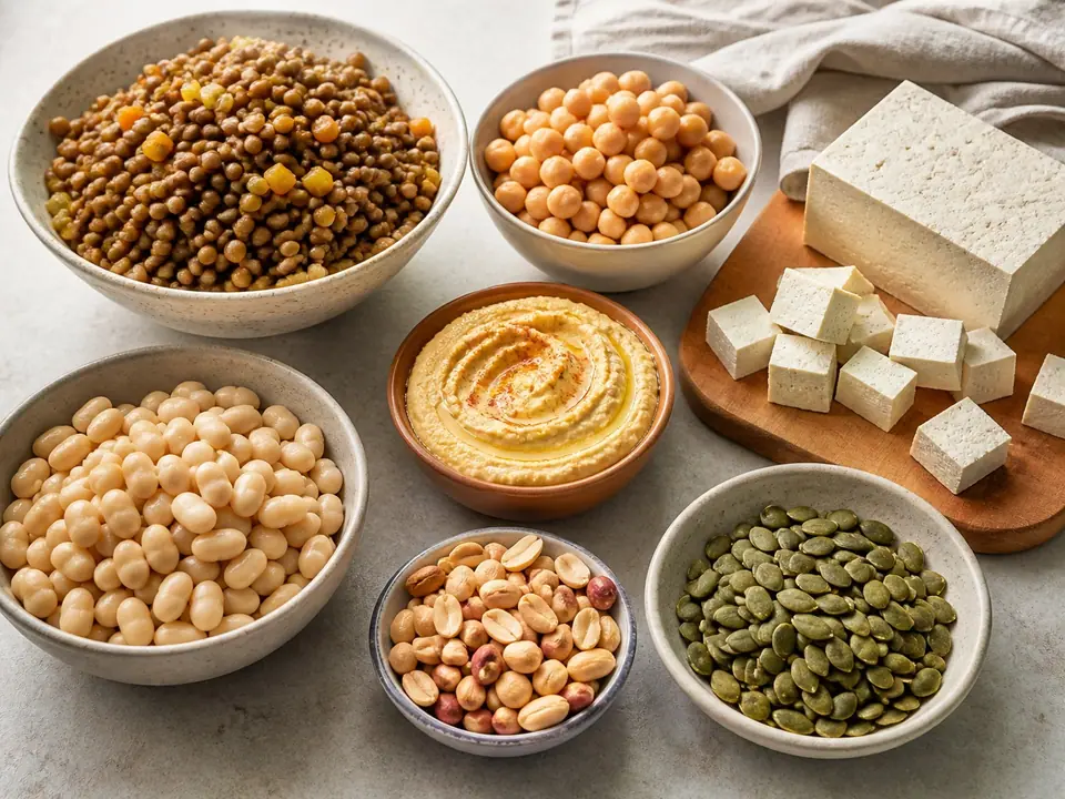 Lentils, chickpeas, tofu, hummus, peanuts and pumpkin seeds on a table
