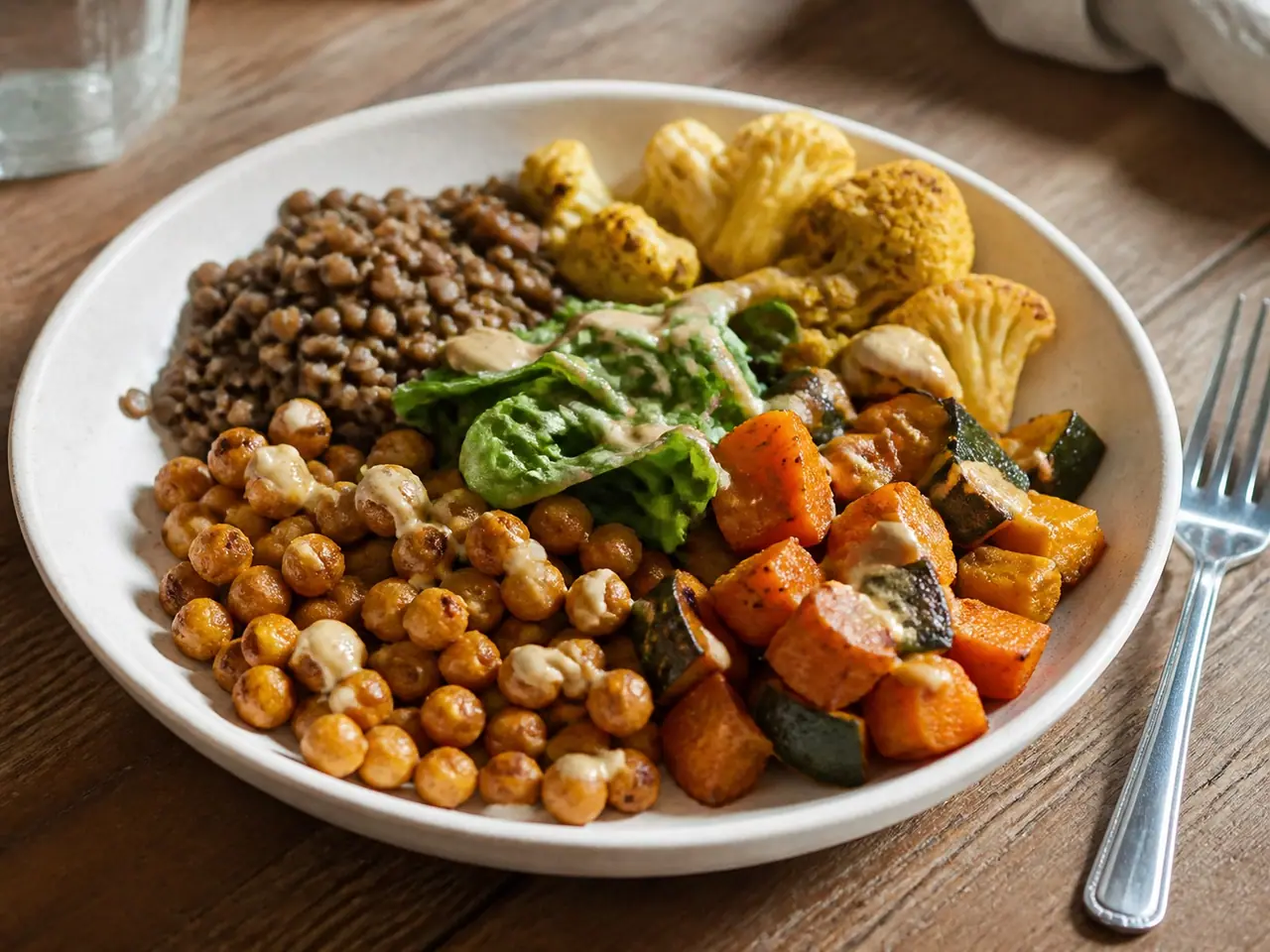 Lentils chickpeas roasted vegetables greens and tahini on one plate