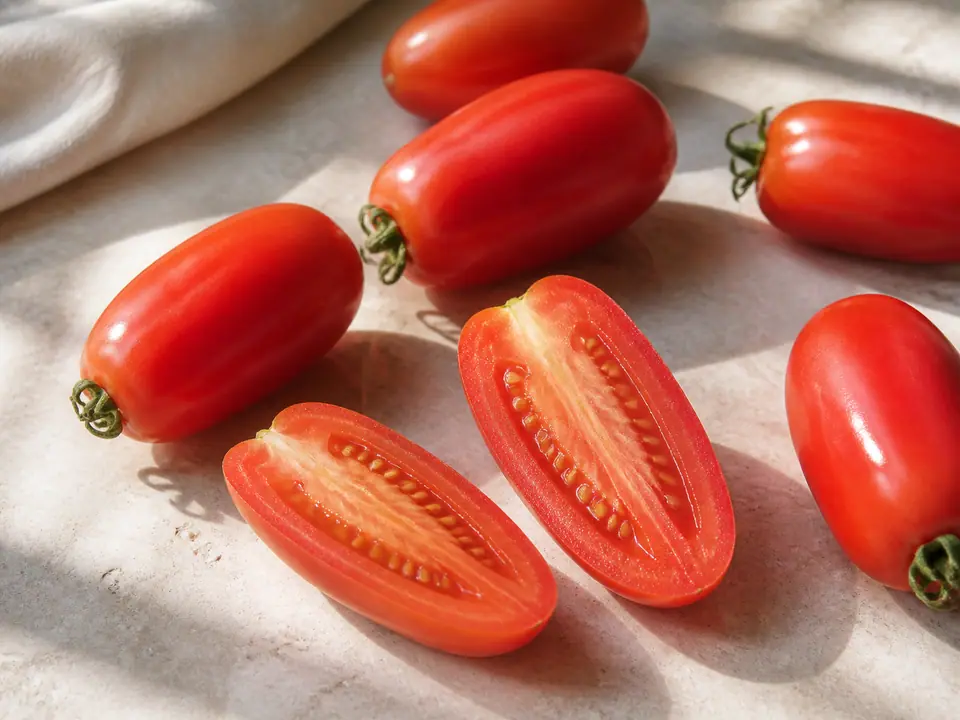 Elongated plum tomatoes with one sliced to show dense flesh