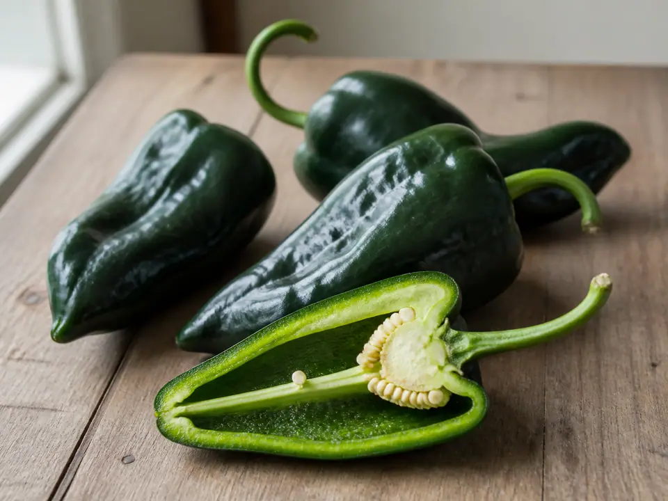 Fresh poblano peppers with one sliced to show green flesh