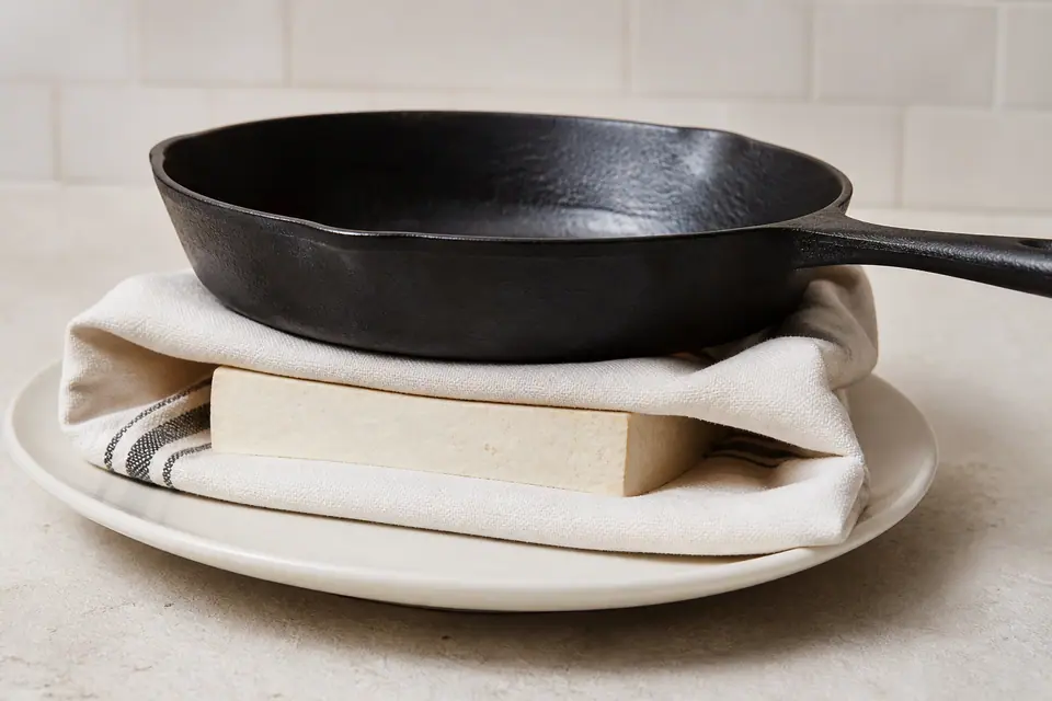 Pressed tofu block wrapped in a tea towel beside a heavy skillet