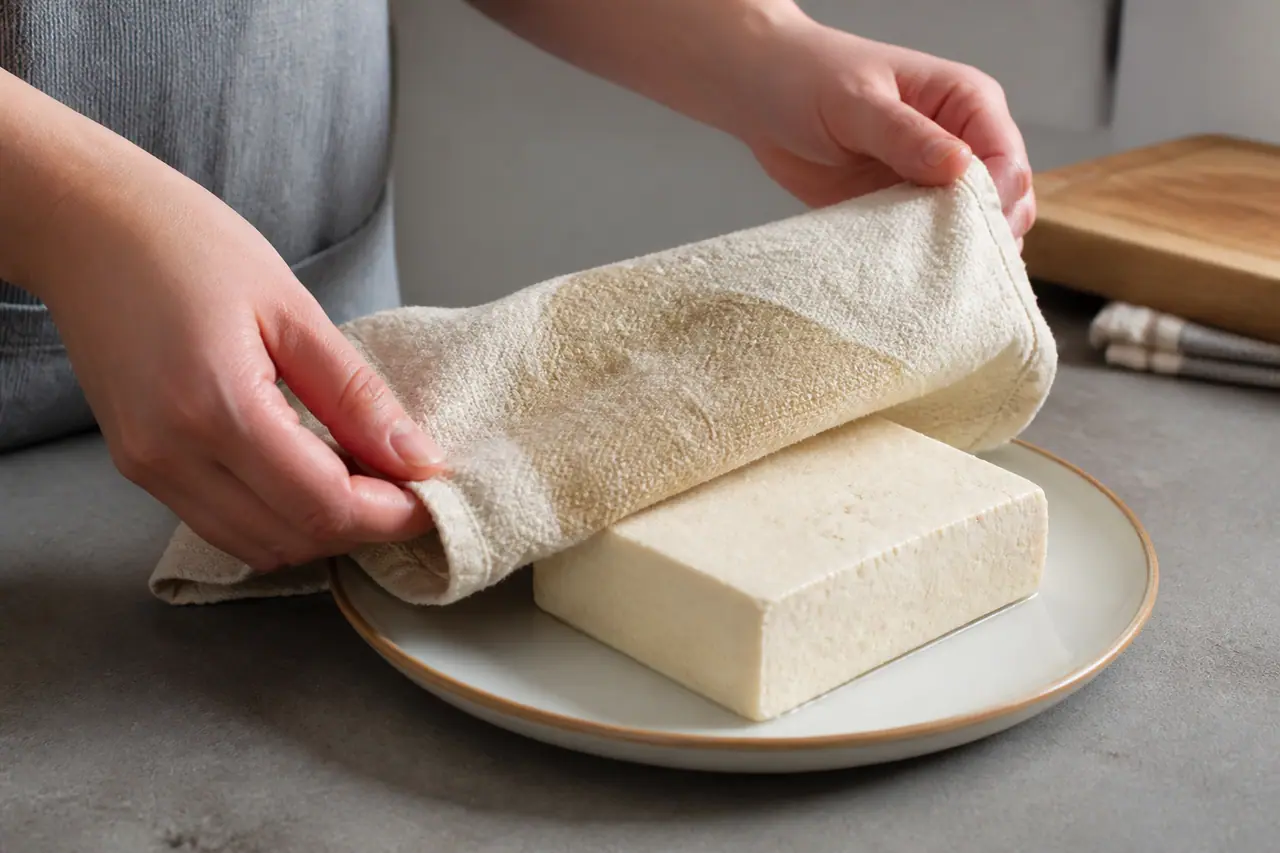 Hands unwrapping pressed tofu from a damp tea towel over a tray