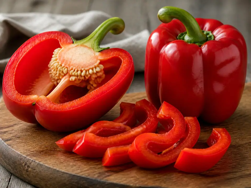 Glossy red bell pepper cut open to show its seeds and flesh
