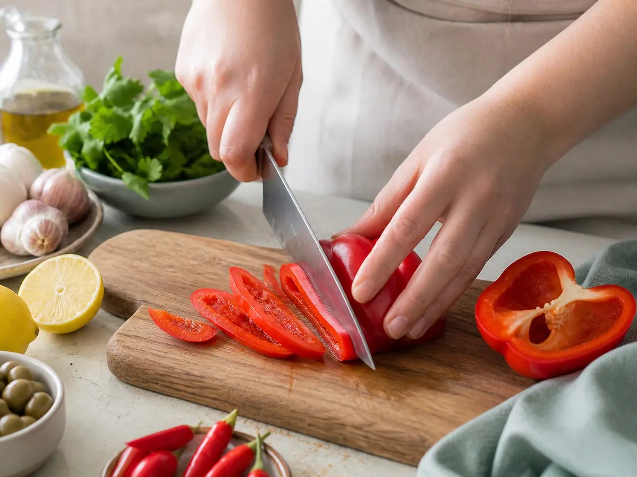 Hands slicing a red bell pepper on a wooden board