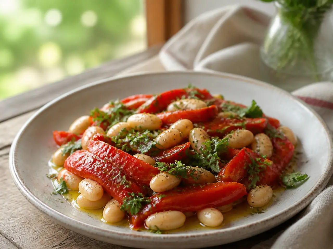 Roasted red pepper strips with herbs oil and white beans