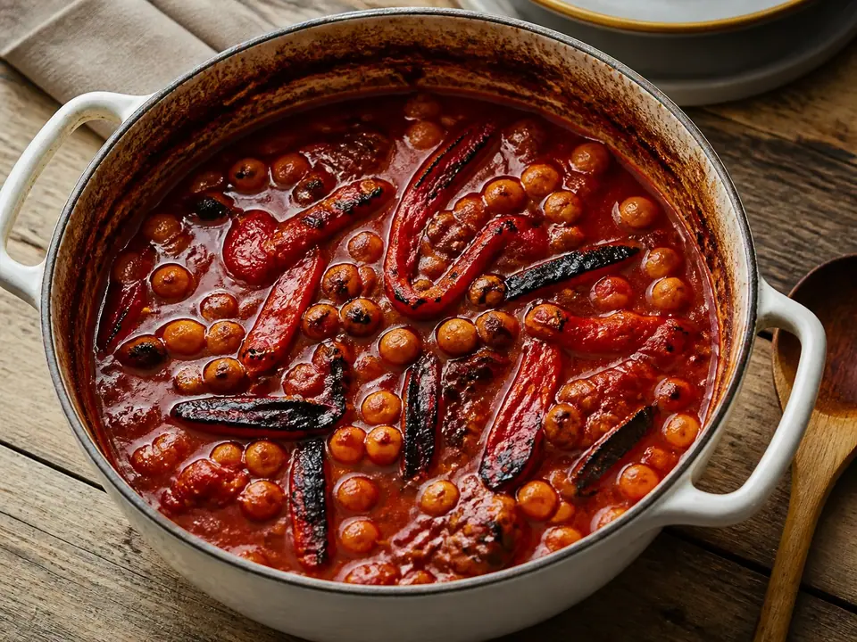 Charred red pepper and chickpea stew in a heavy casserole
