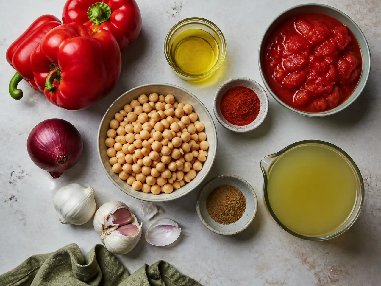 Three red peppers, red onion, garlic, chickpeas, tinned tomatoes, stock, paprika and cumin