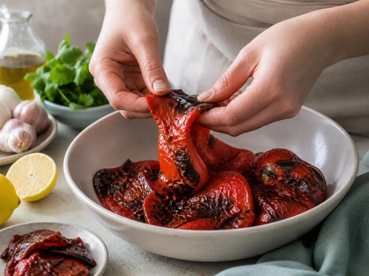 Hands peeling blackened skin off charred red peppers over a bowl