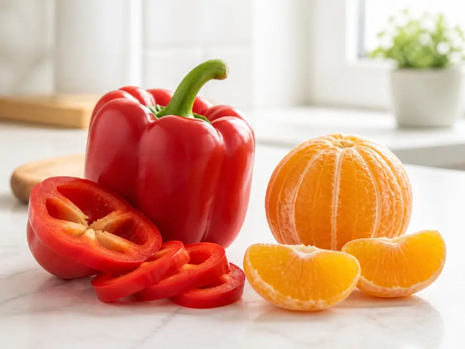 A red bell pepper and orange arranged with fresh slices on a counter