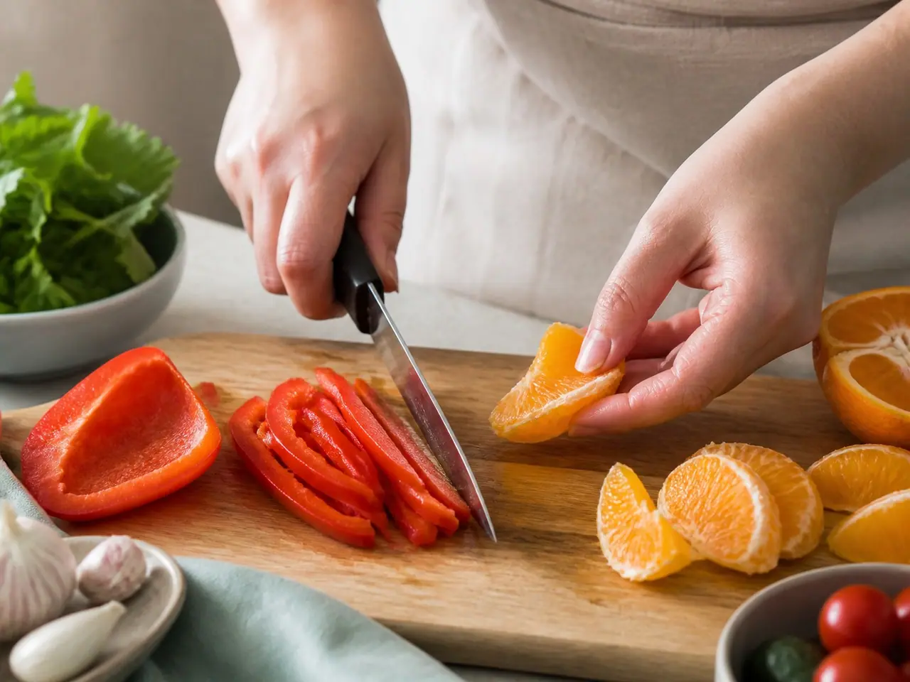 Sliced red pepper and orange segments arranged on a cutting board
