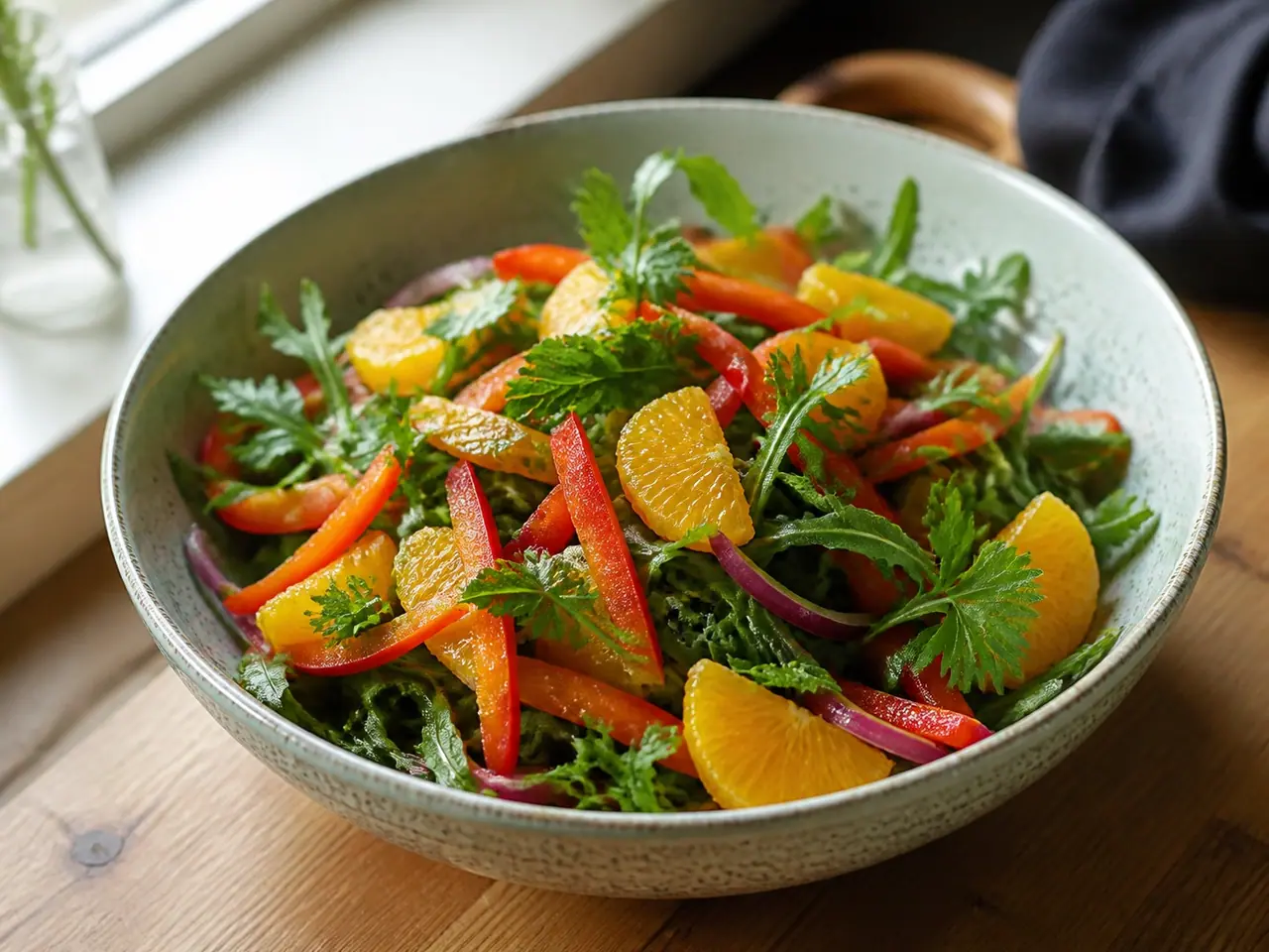Fresh salad with red pepper strips orange segments and leafy greens