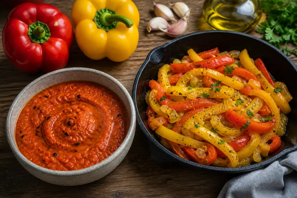 Red and yellow bell peppers beside two cooked pepper dishes