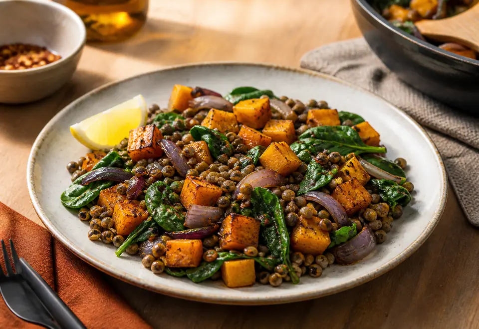 Roasted squash lentils and greens in one roasting pan