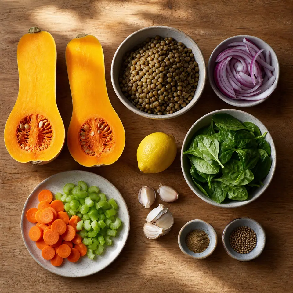 Squash cooked lentils red onion spinach lemon garlic and spices arranged