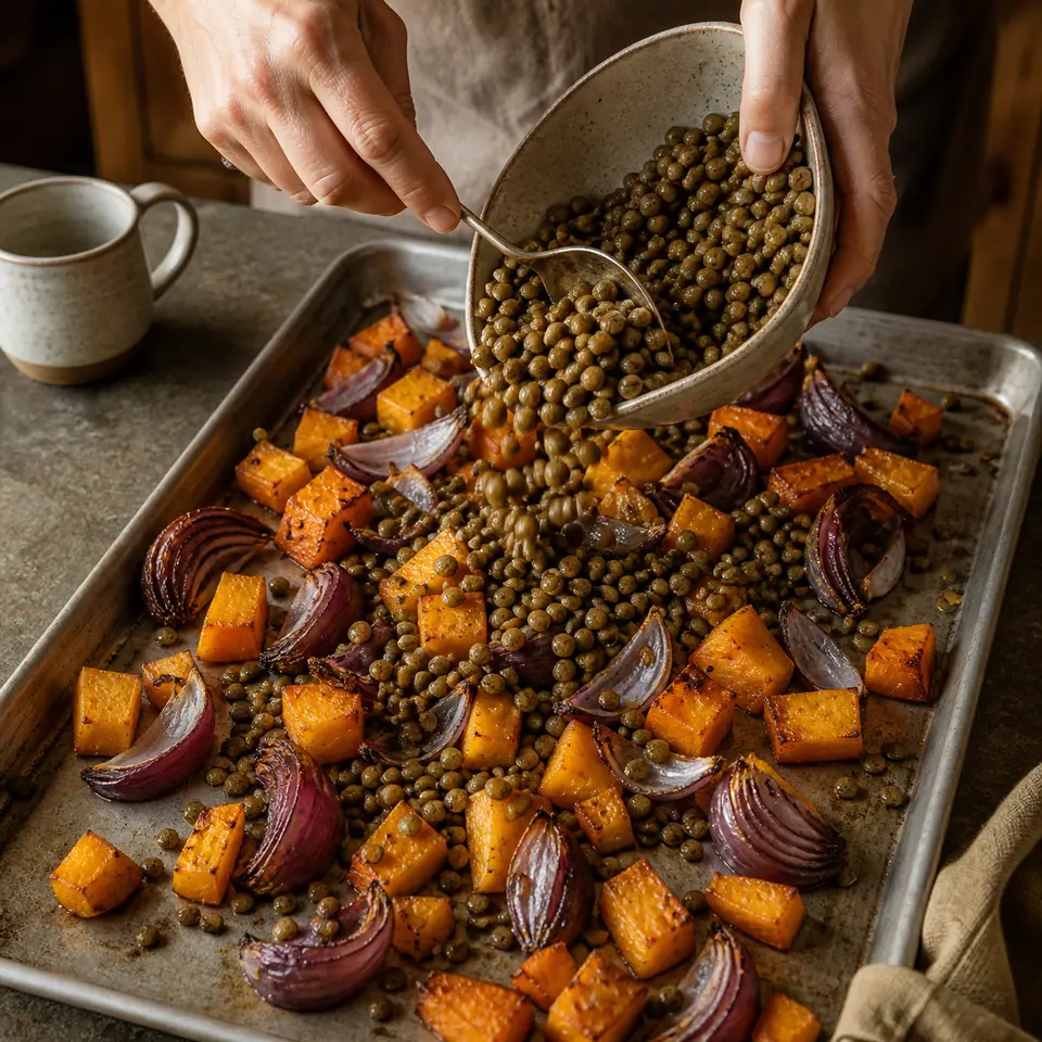 Hands adding cooked lentils to roasting squash and red onion