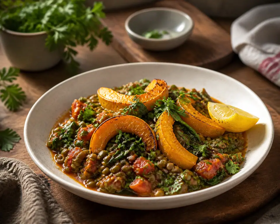 Freezer-friendly roasted squash and lentils with herbs