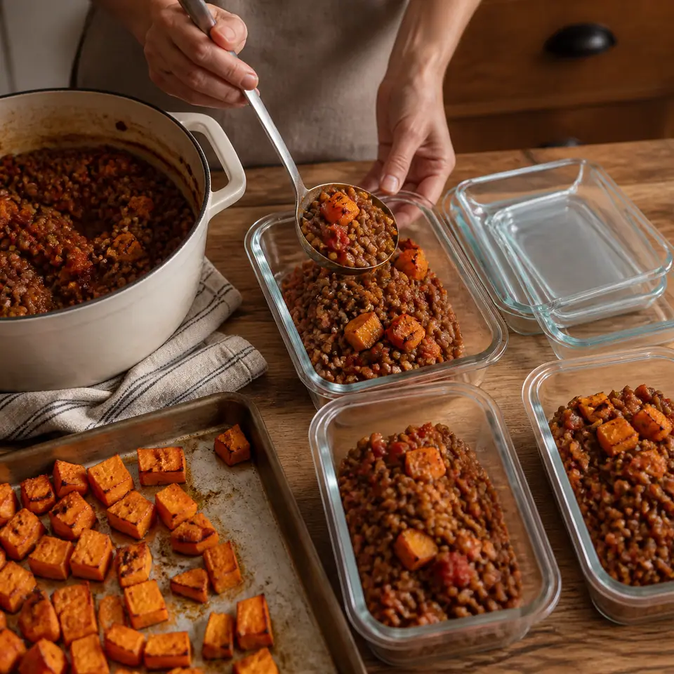 Hands portioning roasted squash and lentils into freezer containers