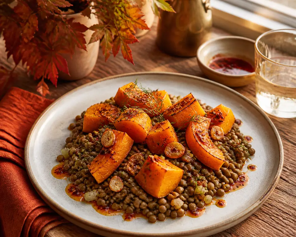 Roasted squash and lentils drizzled with chilli oil