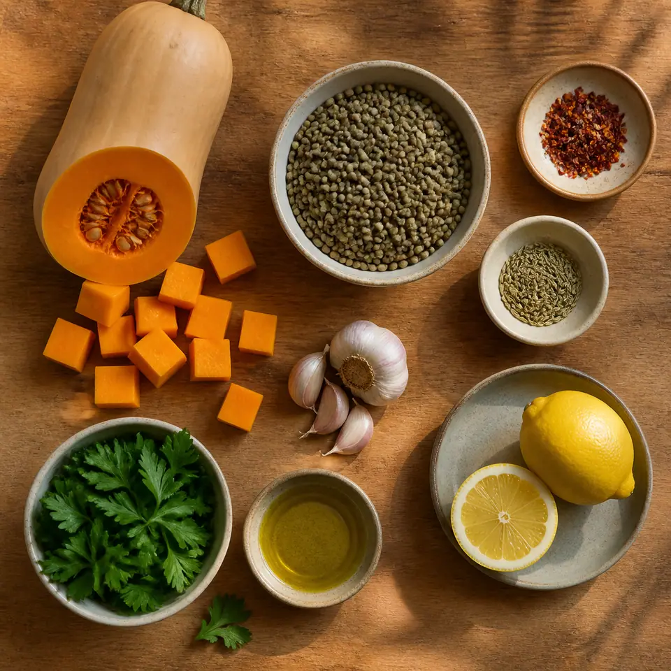Squash lentils dried chilli garlic fennel lemon and parsley arranged