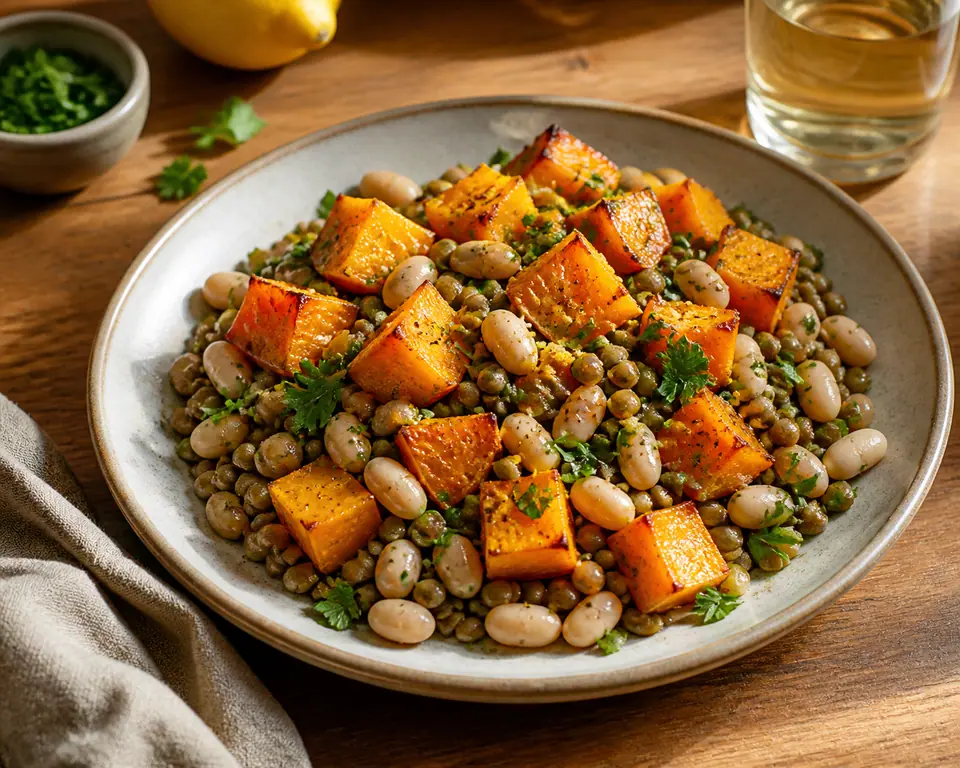 Roasted squash lentils and crisp white beans on a serving plate