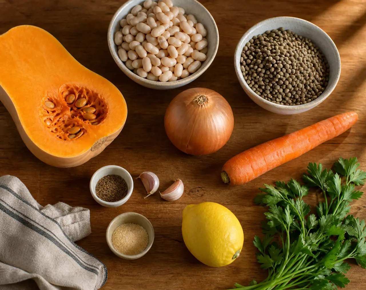 Squash cannellini beans green lentils onion carrot and spices arranged