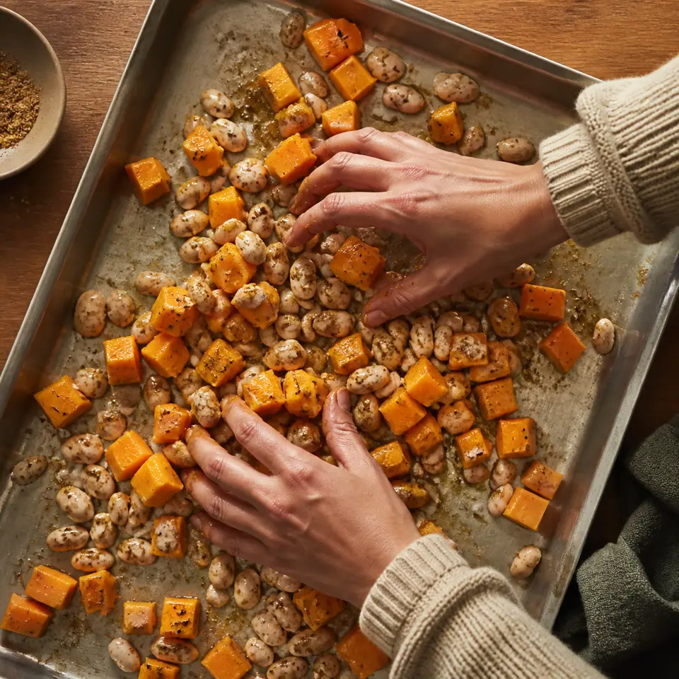 Hands tossing dried white beans and squash with cumin on a tray