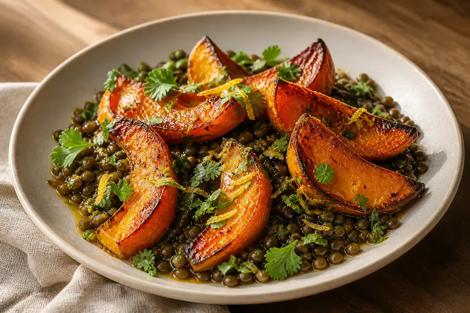 Roasted squash wedges over green lentils with lemon and herbs