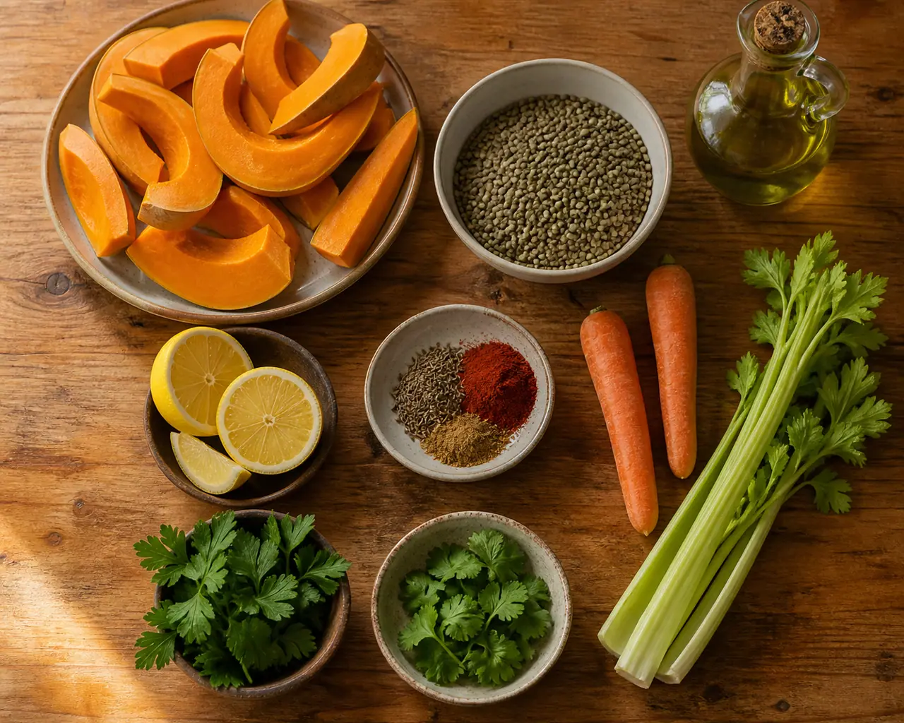 Squash lentils carrot celery lemon and herbs ready for cooking