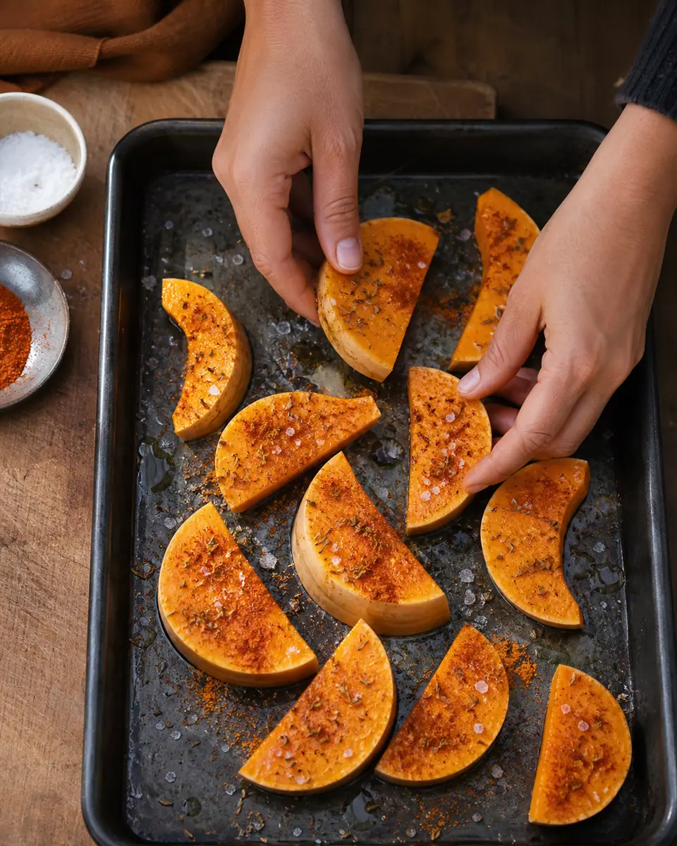 Hands arranging seasoned squash wedges on a hot roasting tray