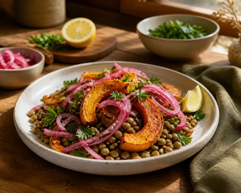 Roasted squash lentils and pink pickled onions on a plate