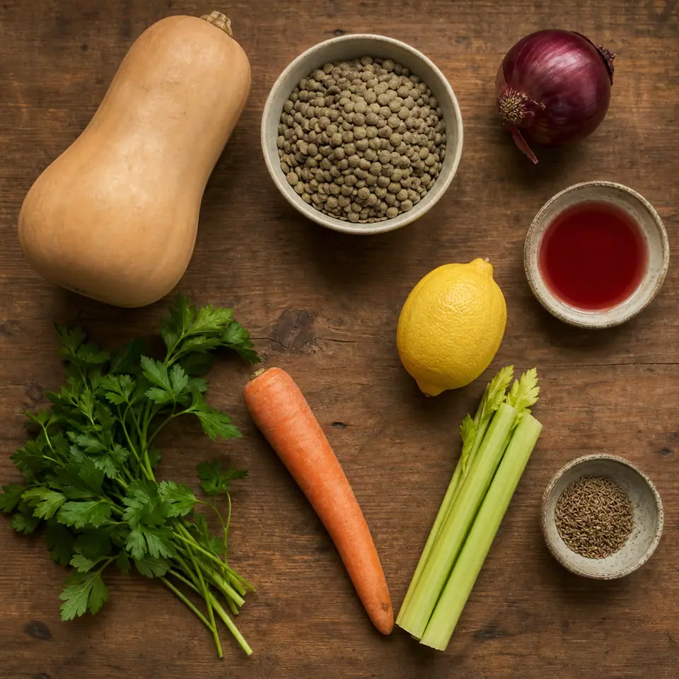 Squash lentils red onion vinegar lemon parsley carrot and celery arranged