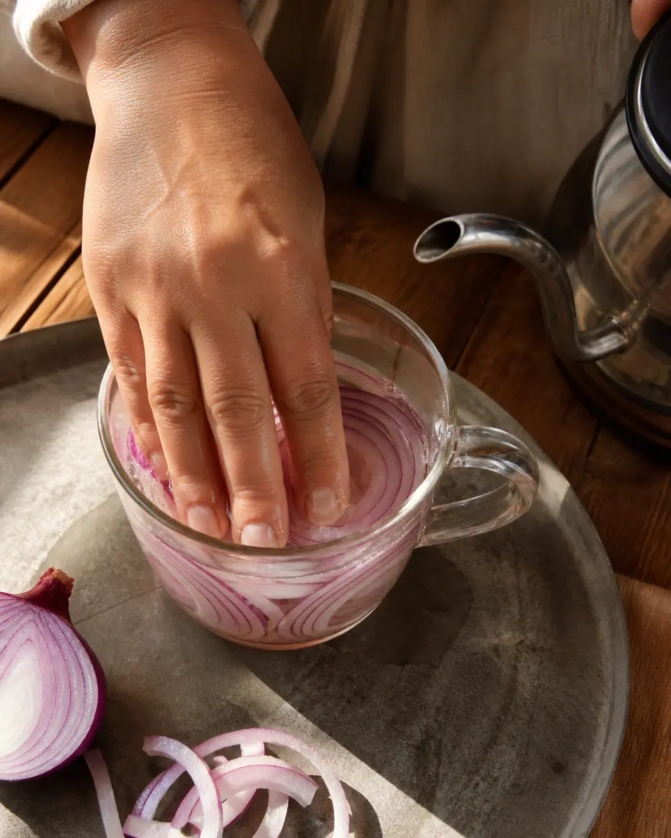 Hands pressing sliced red onion into quick pickle brine