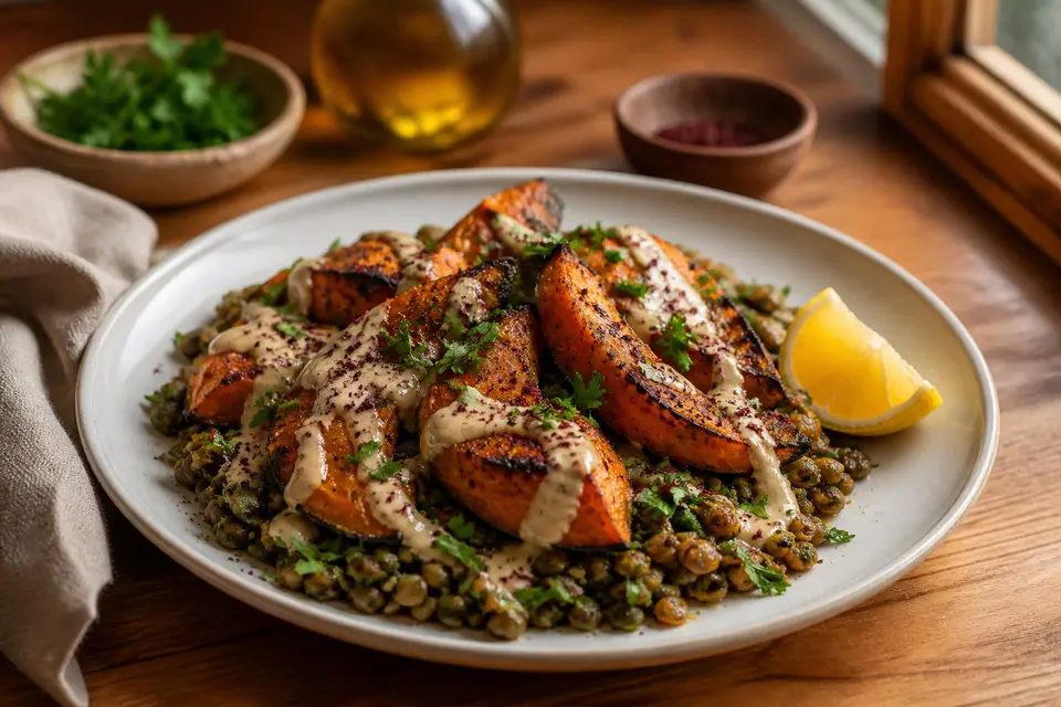 Roasted squash with lentils and creamy tahini dressing