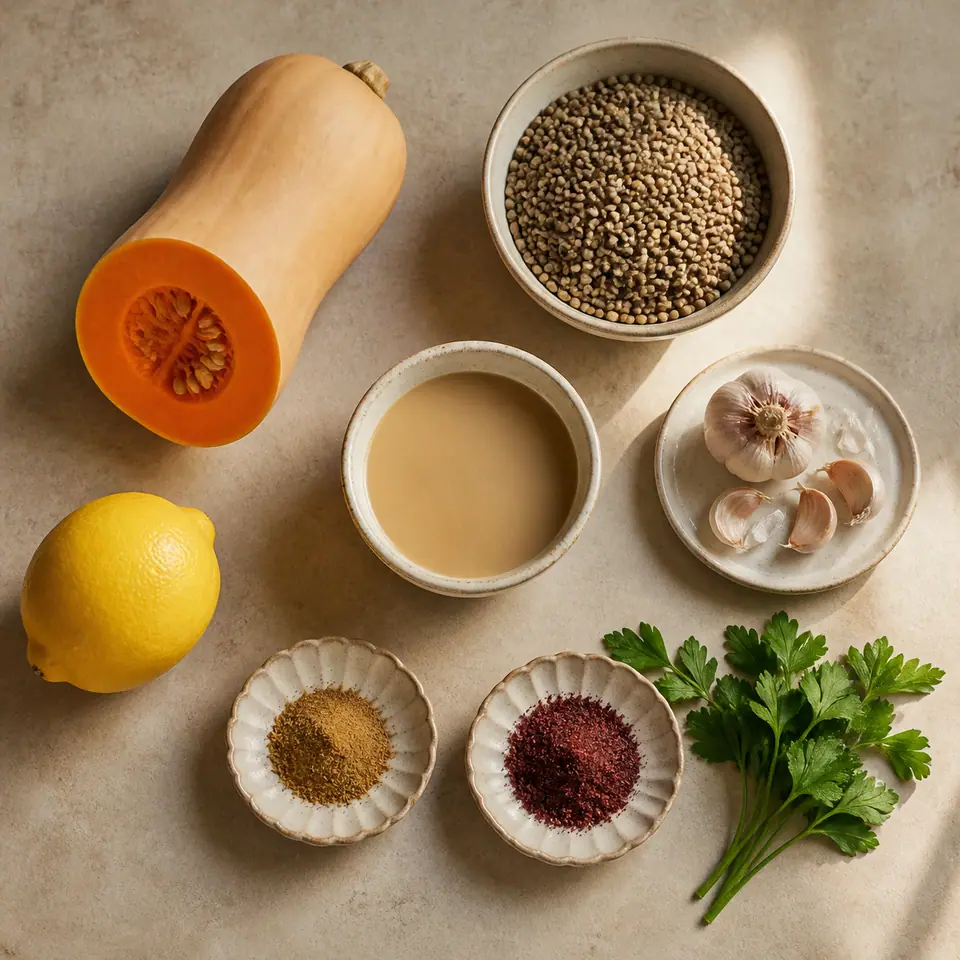 Squash lentils tahini lemon garlic cumin parsley and sumac arranged