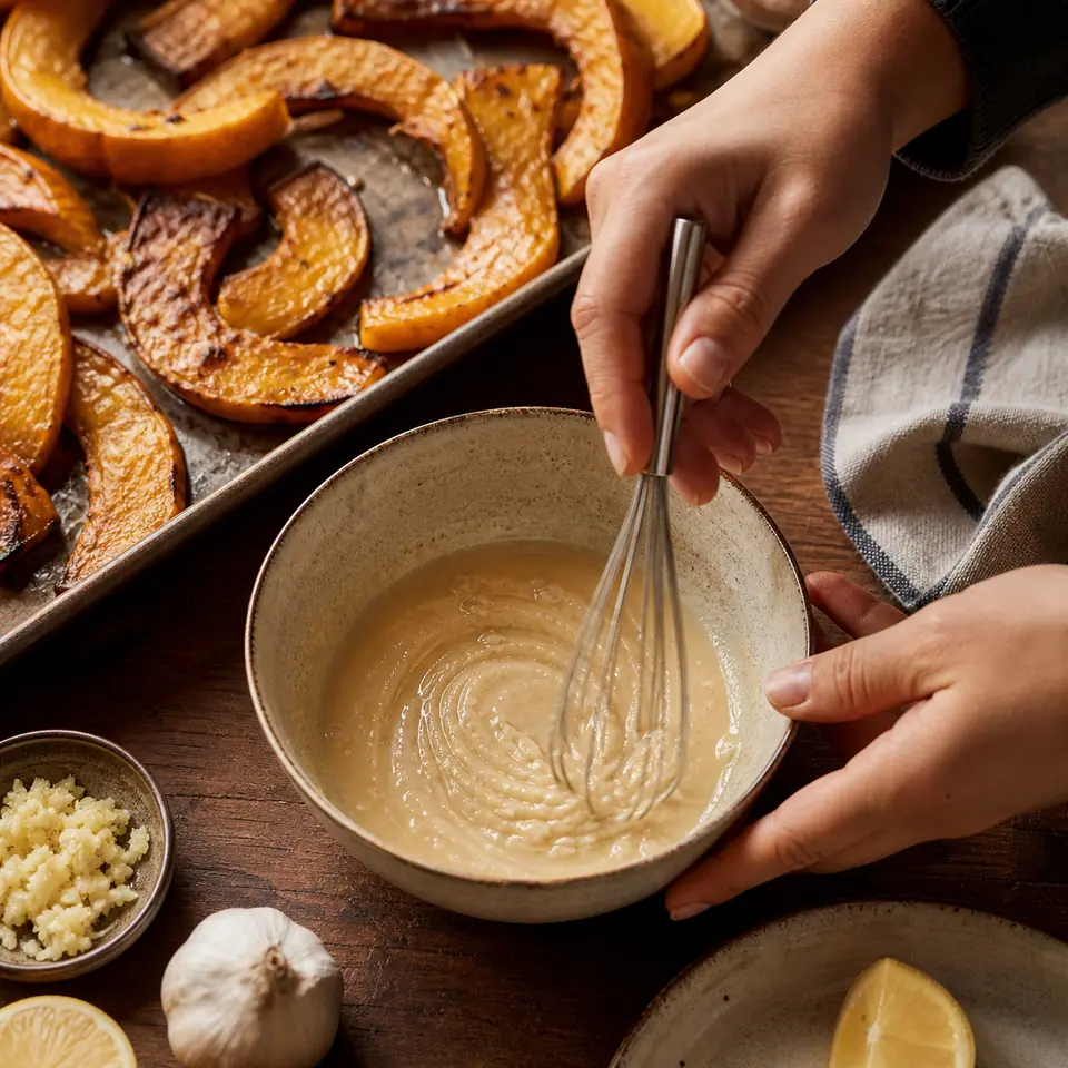 Hands whisking tahini dressing beside cooked lentils and squash