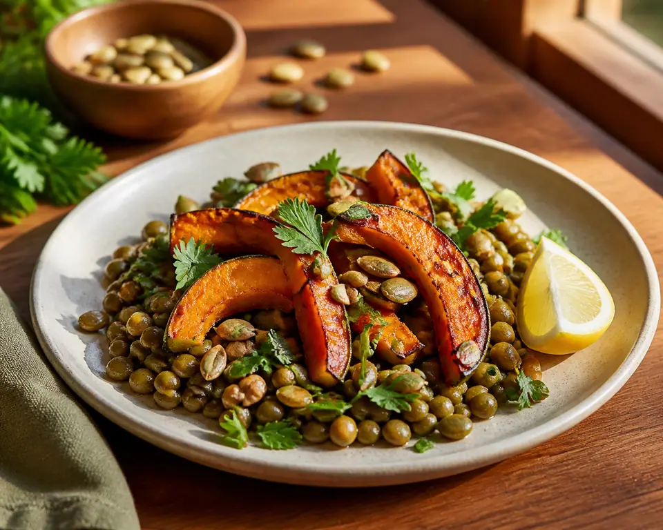 Roasted squash lentils and toasted pumpkin seeds with herbs