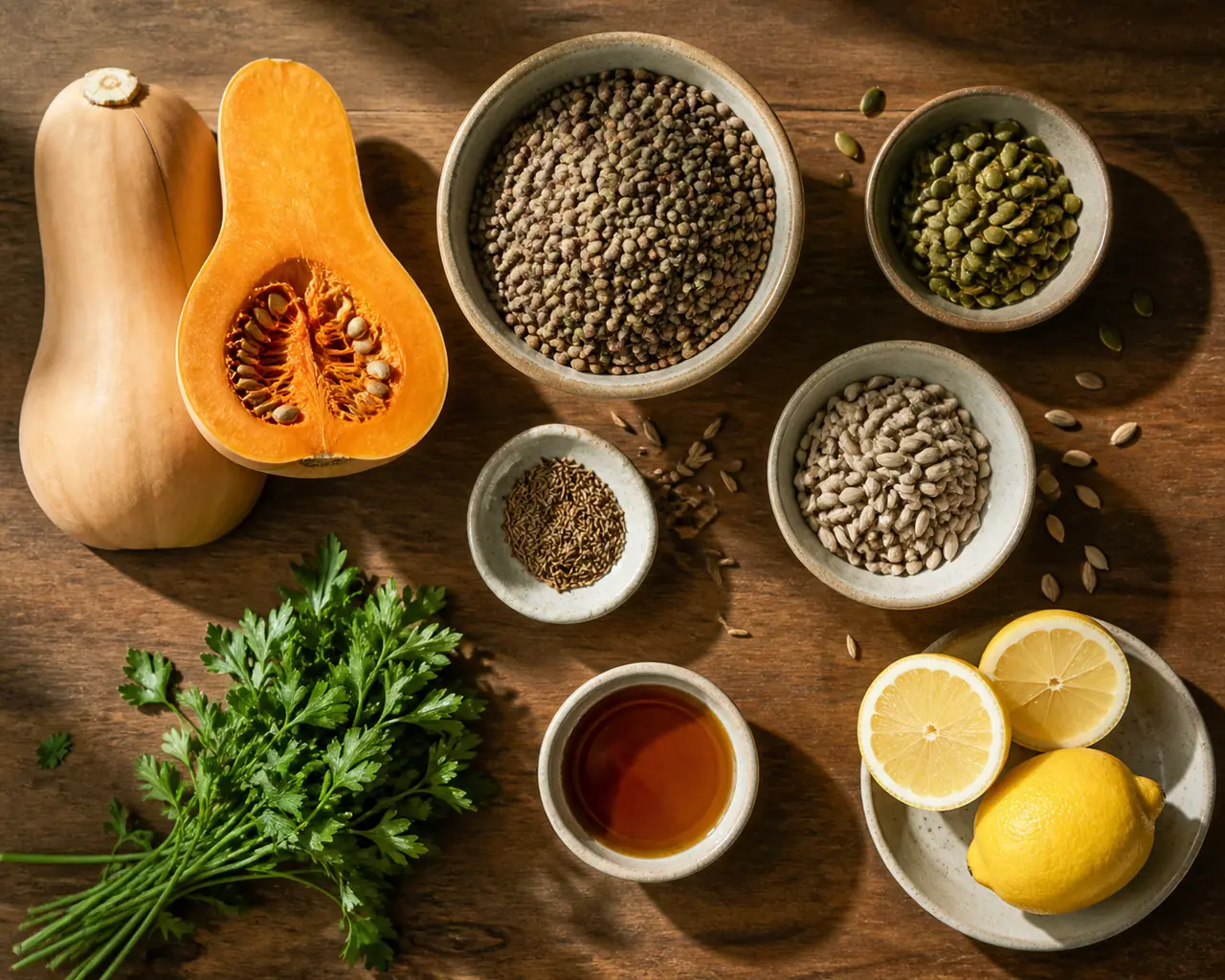 Squash lentils pumpkin seeds sunflower seeds lemon herbs and spices arranged