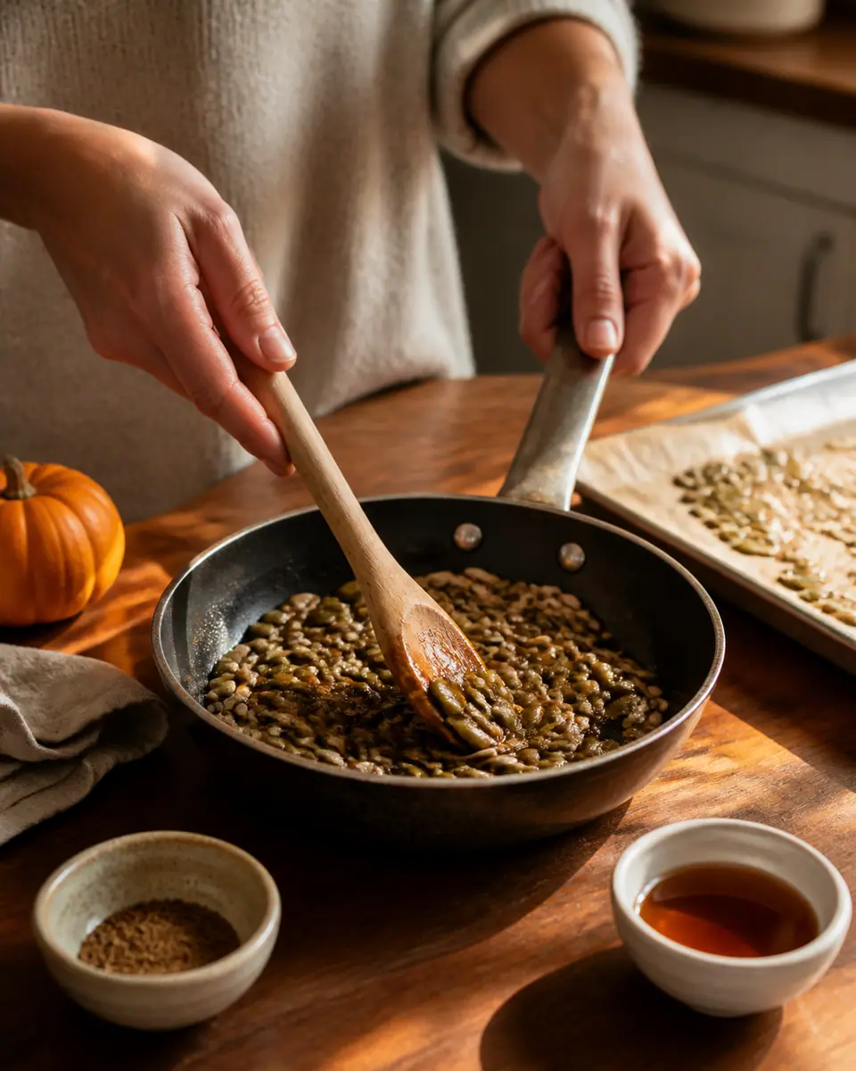 Hands toasting pumpkin and sunflower seeds in a small pan