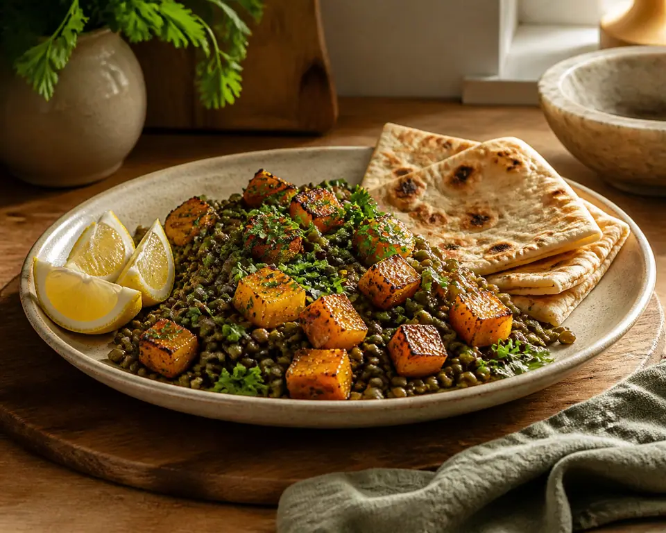 Roasted squash lentils and warm flatbread with lemon