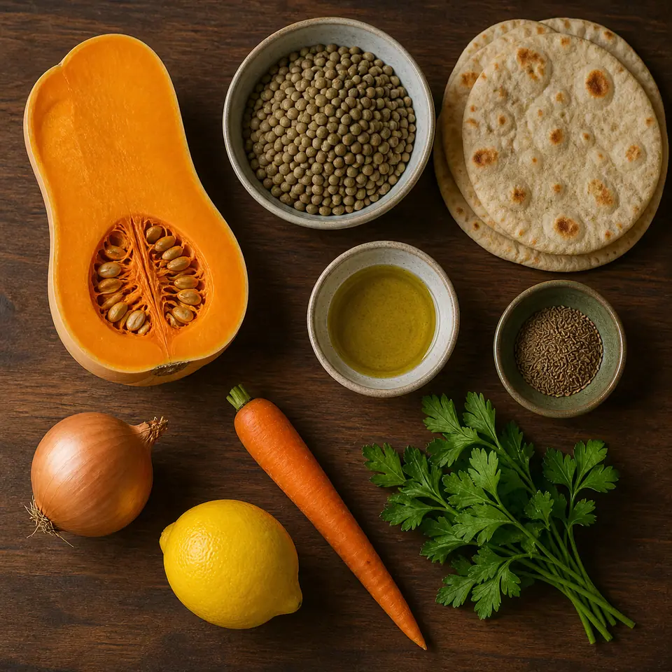 Squash lentils flatbreads lemon parsley onion carrot and spices arranged