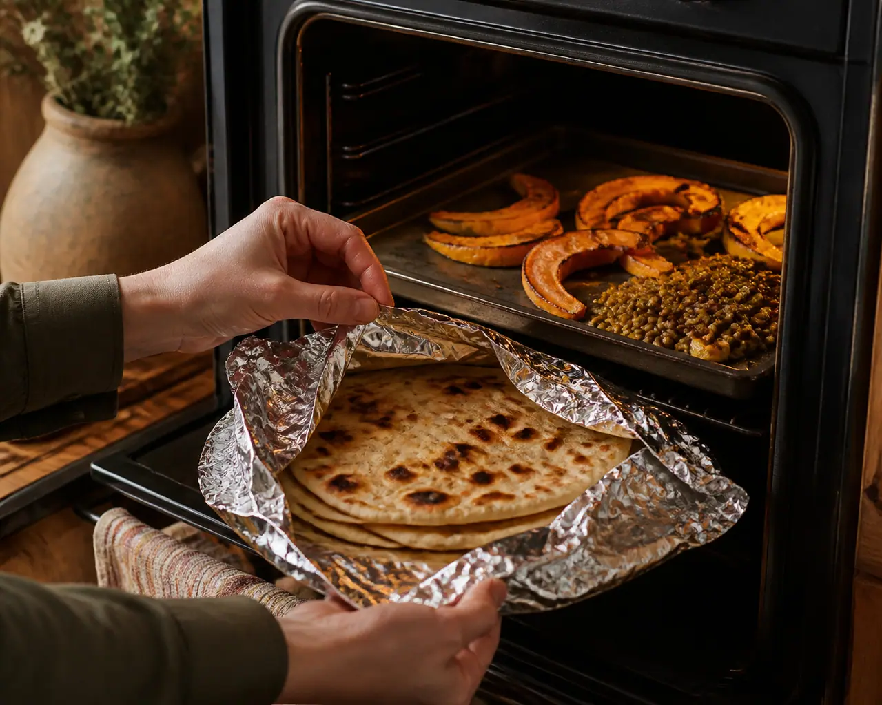 Hands warming flatbreads beside roasted squash and lentils