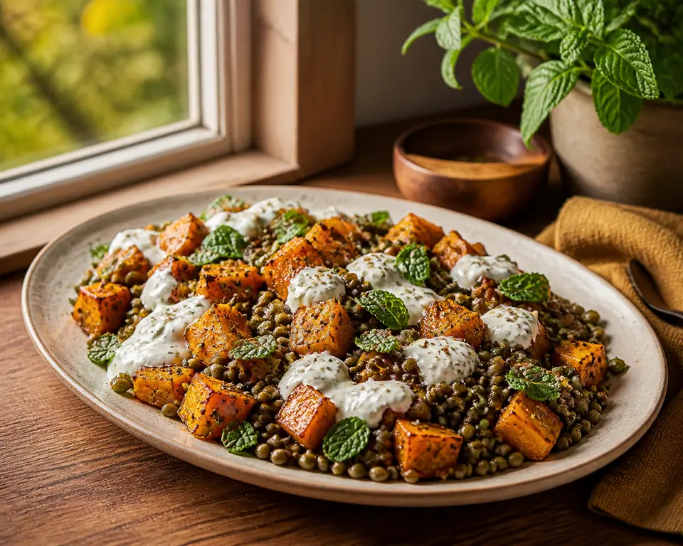 Roasted squash lentils and lemony yogurt with herbs