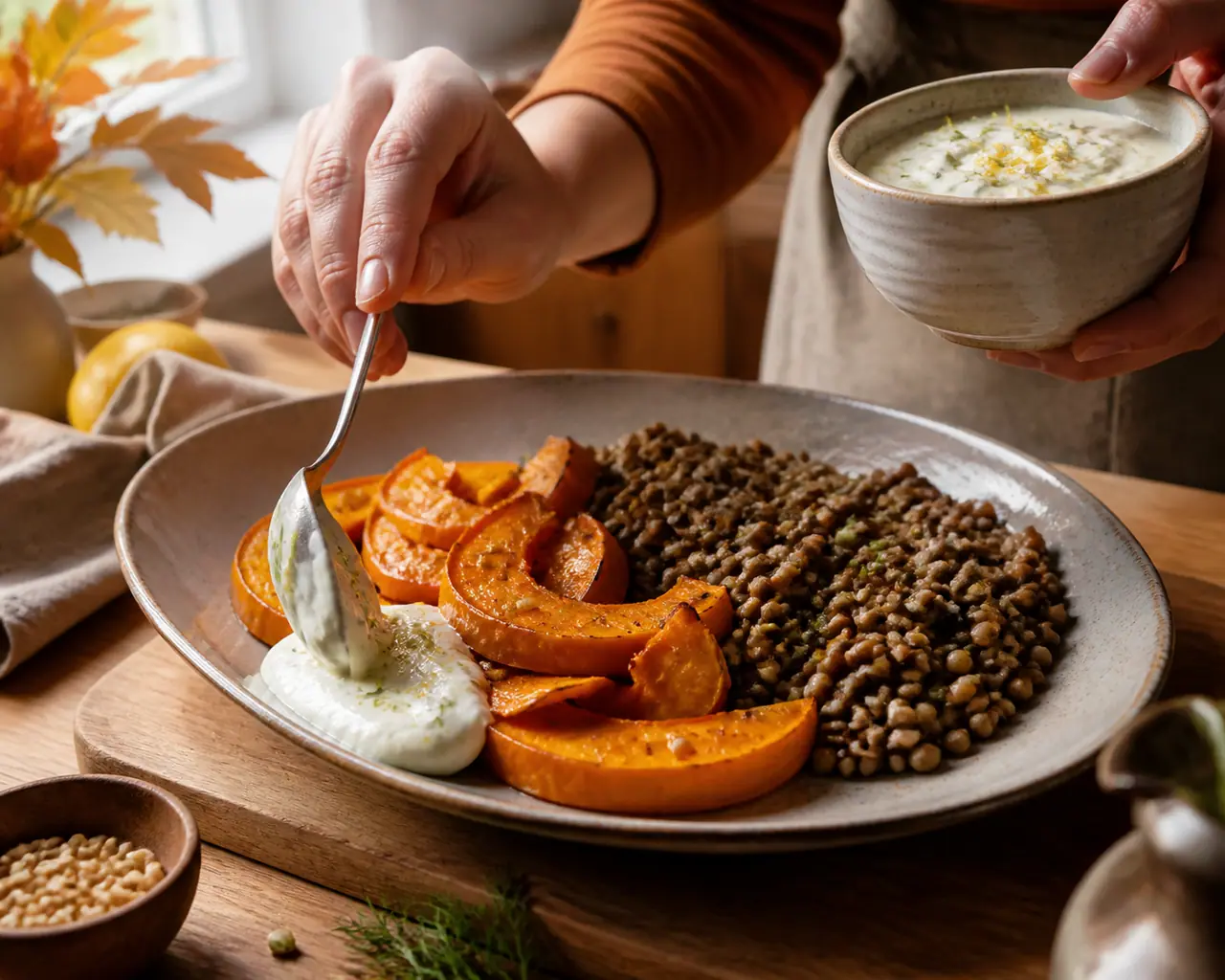 Hands spooning lemon yogurt beside roasted squash and cooked lentils